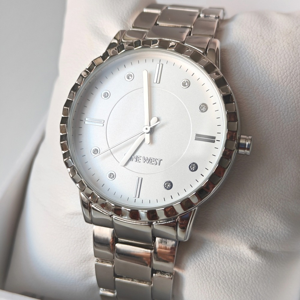 Nine West Womens Silver Tone Link Bracelet Watch Crystal Markers White Dial NEW